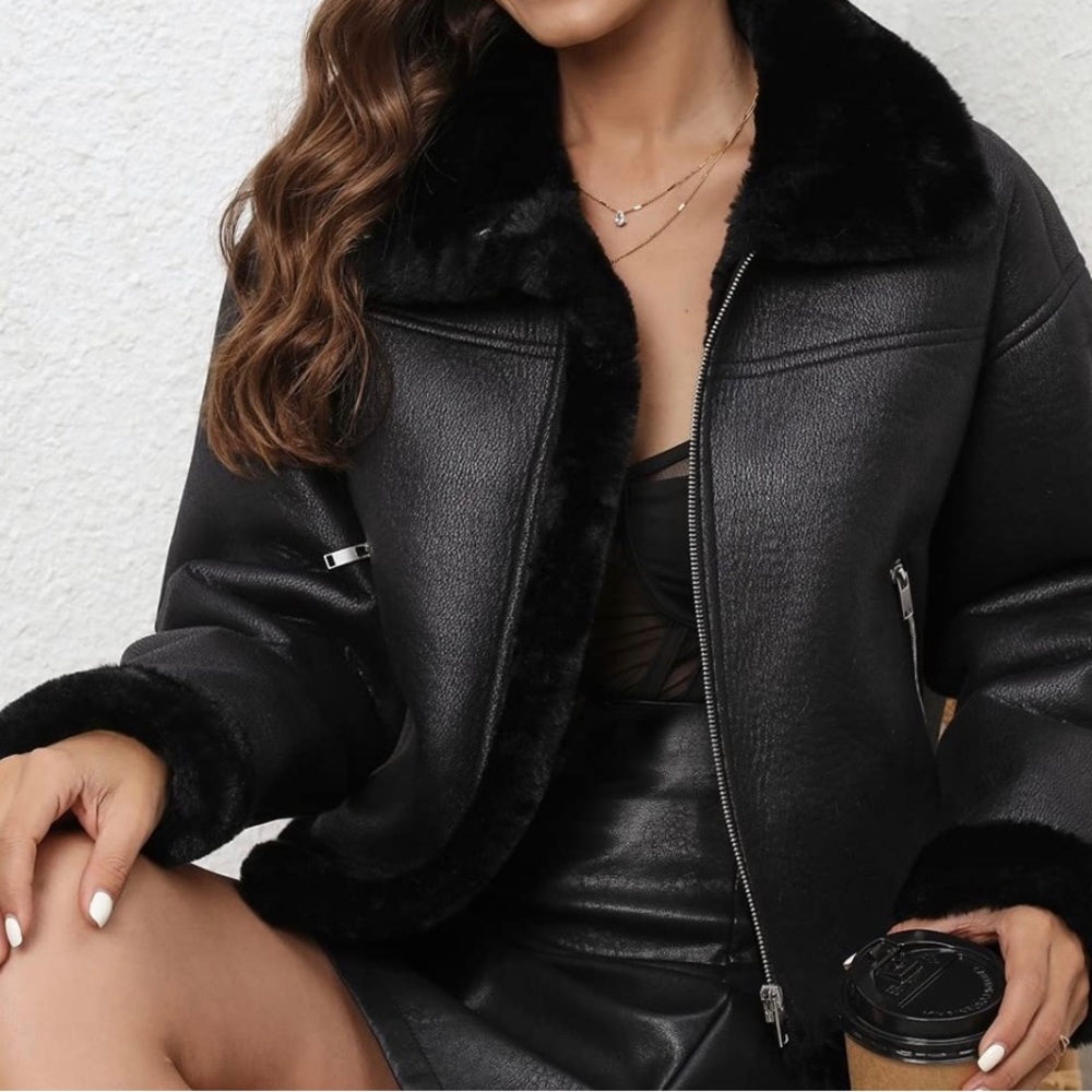 Black pleather and fur coat